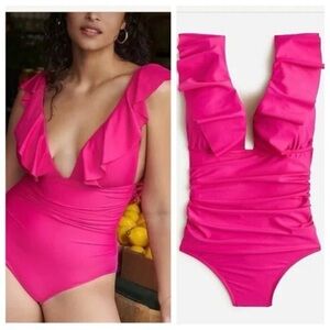 NWT J Crew Hot‎ Pink Swimsuit Ruffles V-Neck Ruching flattering size 12 summer